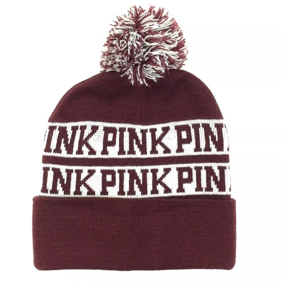 Pink Victoria Secret Womens Beanie Toboggan Pom Skull Cap Ski Striped Winter Hat - Picture 1 of 9